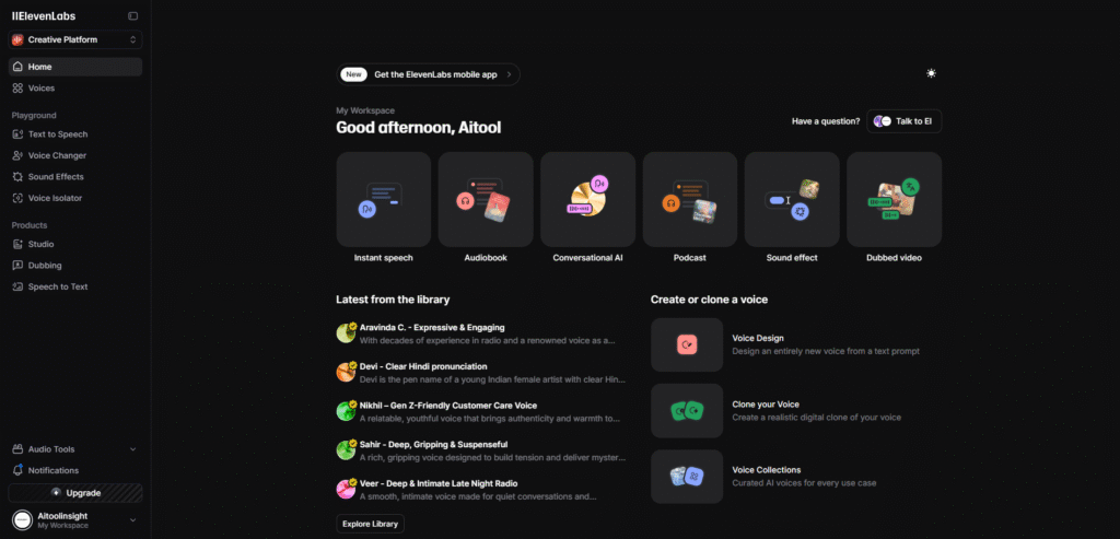 ElevenLabs dashboard UI screenshot – voice generation & cloning workspace