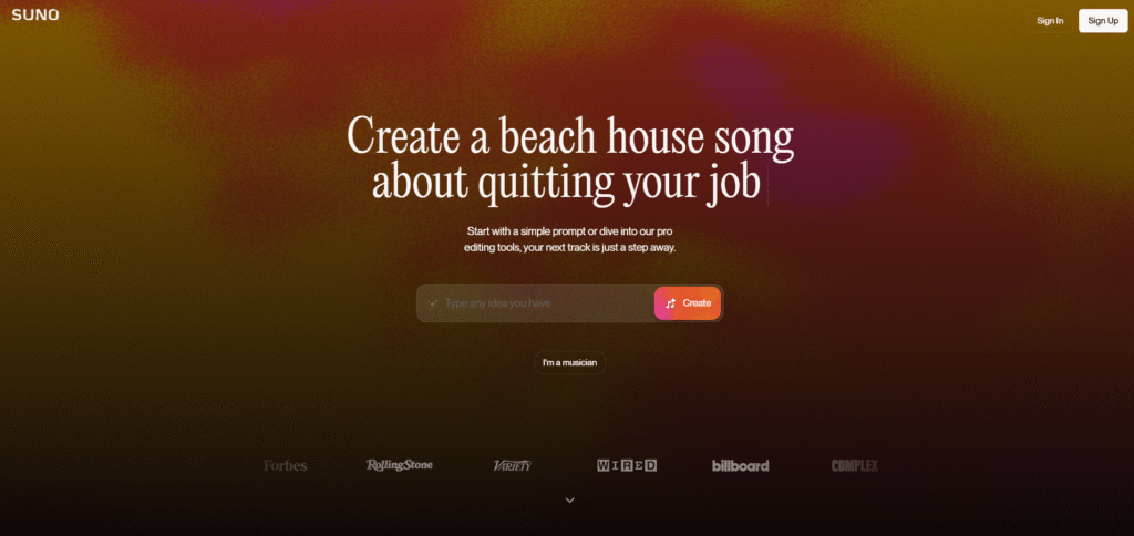Suno AI prompt-based music generation interface