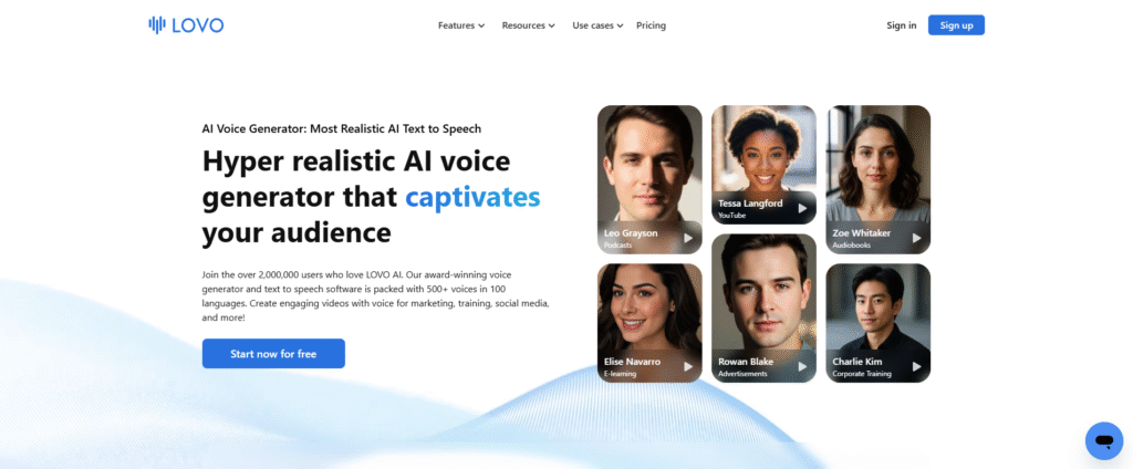Lovo.ai voice generation dashboard showcasing text-to-speech interface and voice library.