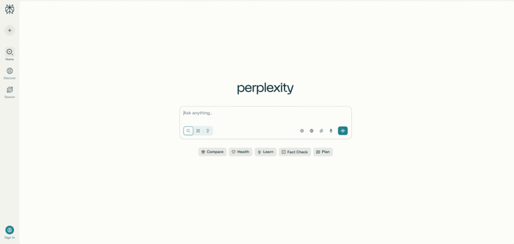 Perplexity AI dashboard showing citation-based web answers