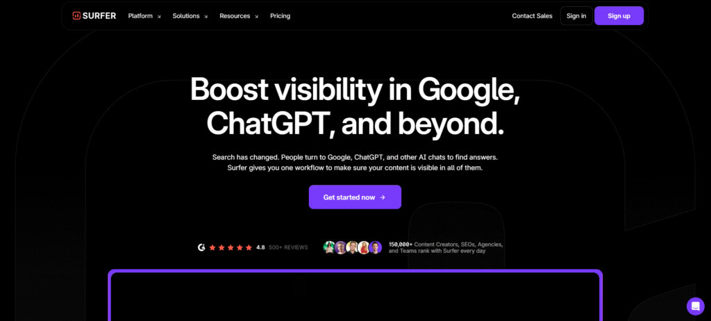 Surfer AI dashboard showing content editor and SERP analysis features