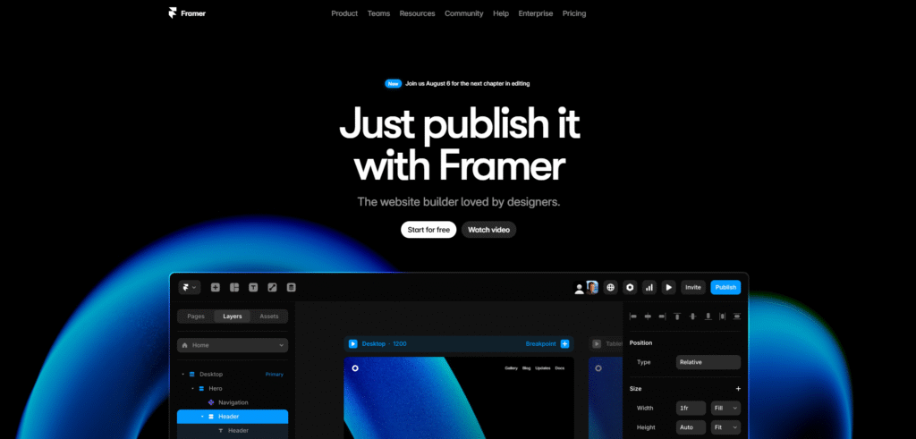 Framer AI Website Builder dashboard showcasing drag-and-drop editor and responsive layout