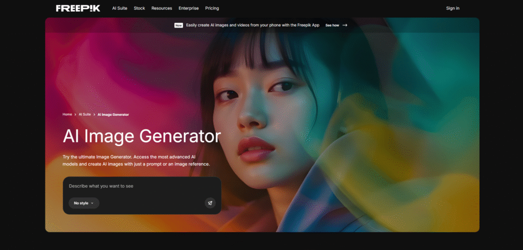 Freepik AI Image Generator dashboard for creating digital art