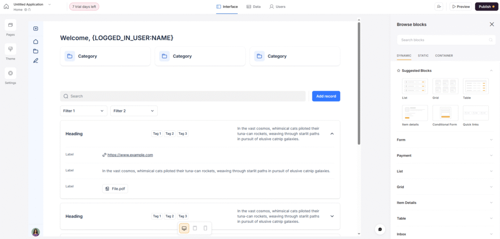 Softr dashboard overview showing main features