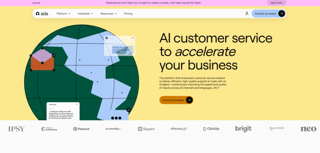 Ada AI chatbot for automated customer service in enterprises