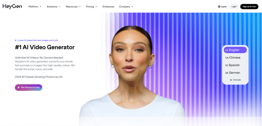 The HeyGen editor showing a marketing video template with an AI avatar and placeholders for dynamic text.
