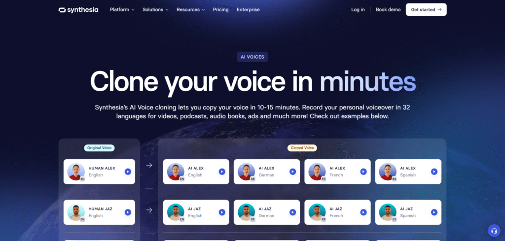 A Synthesia.io interface showing an AI avatar speaking text.