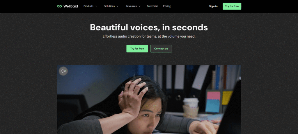 The WellSaid Labs interface displaying waveform editing tools and voice options.