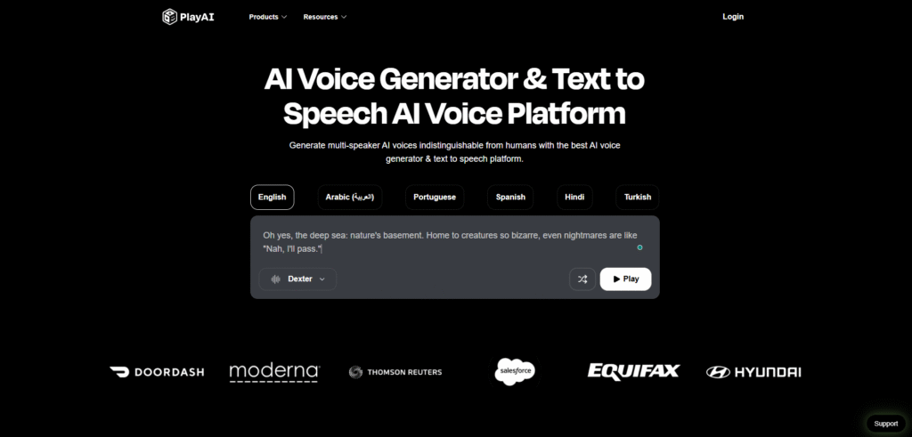 The Play.ht interface showing voice selection and text input fields.