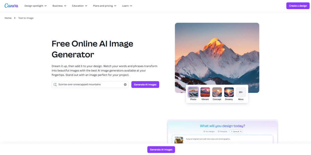 The Canva editor interface, where a user is generating an AI image of "a happy dog wearing sunglasses" directly into a social media template.