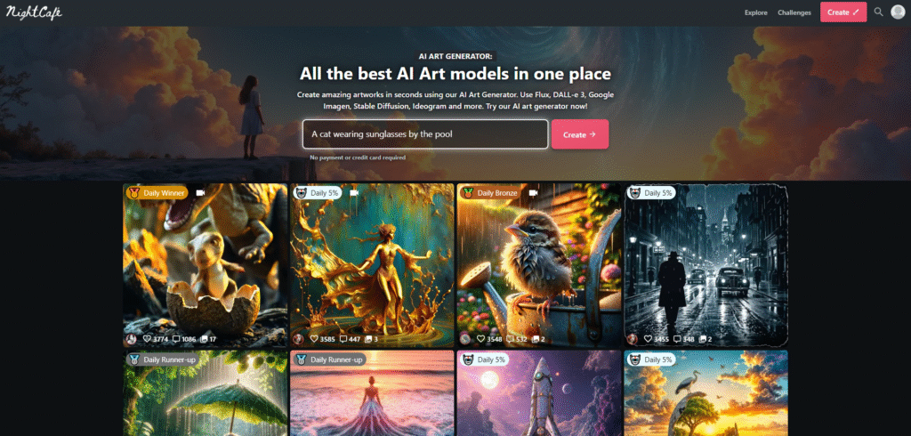 The vibrant NightCafe community gallery, filled with user-submitted AI art creations from daily challenges.