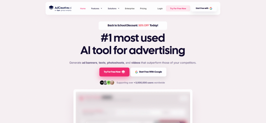 A gallery view inside AdCreative.ai displaying dozens of different ad banner variations for a single eCommerce product.