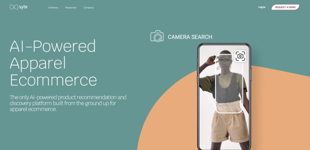 A screenshot of an eCommerce website showing Syte's visual search feature, with a user uploading an image to find similar products.