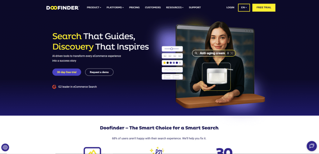 A side-by-side comparison showing a basic site search result versus the rich, image-led results from Doofinder's AI search.