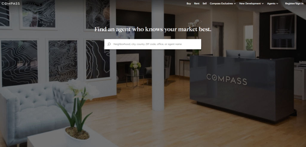 The Compass AI platform showing a map with certain homes highlighted as "Likely to Sell" based on predictive analytics.