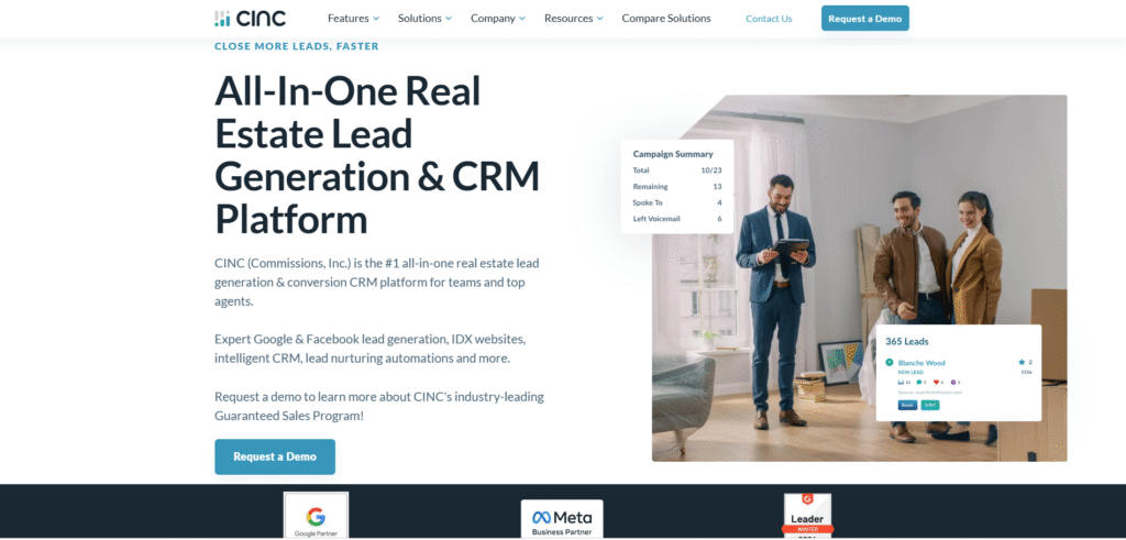The CINC dashboard showing a lead's profile with a behavioral activity timeline and an AI-driven lead score.