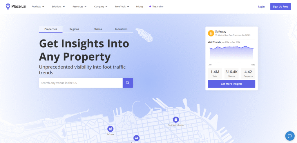 A dashboard on Placer.ai displaying a heat map of foot traffic and demographic charts for a specific retail location.