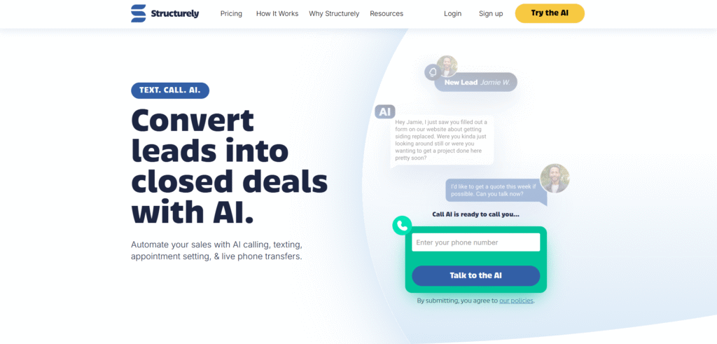 A text message conversation on a phone between the Structurely AI assistant and a real estate lead.