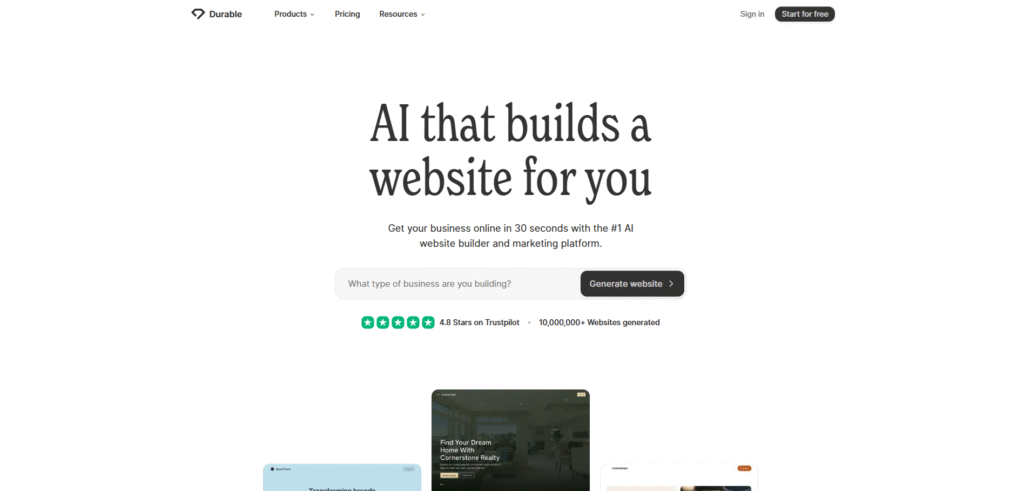 The Durable AI interface showing a business type being entered and the resulting website generated in seconds.